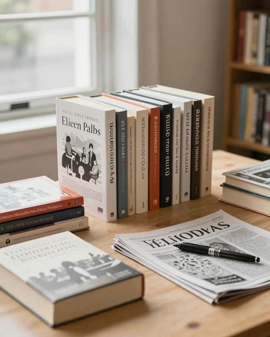 Editorial retail photography of a neat arrangement of paperback books beside a newspaper and a few pens on a warm paper-